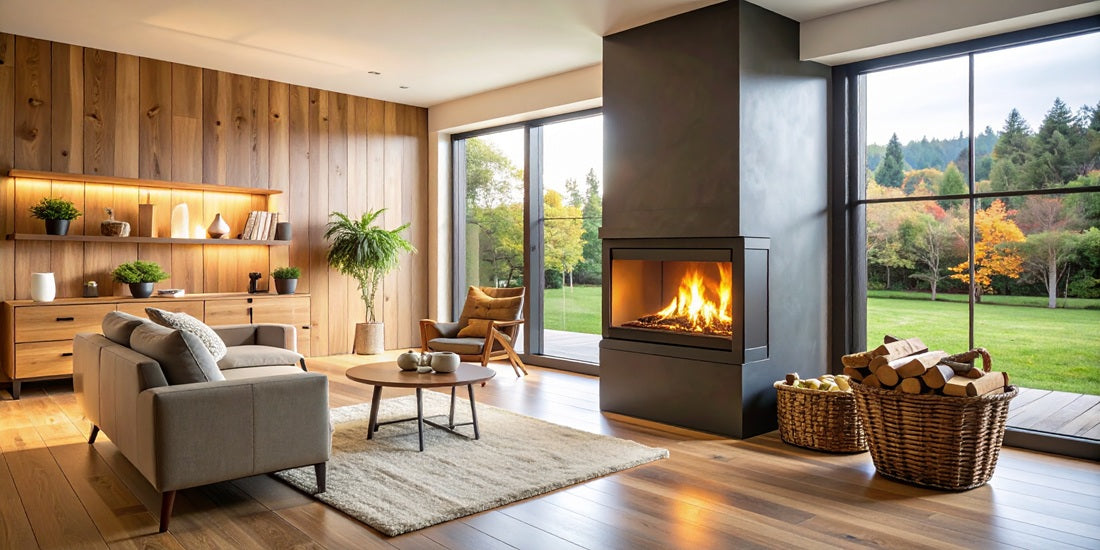 Modernes Wohnzimmer mit Kamin, Panoramafenstern und Blick ins Grüne – gemütliche Einrichtung mit Holzdekor
