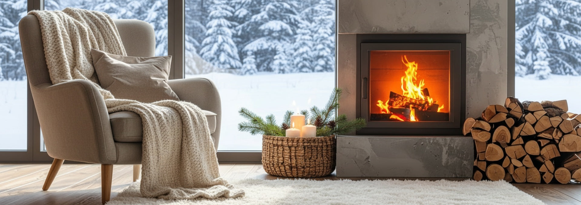 Gemütliches Wohnzimmer mit beigem Sessel und Strickdecke vor einem lodernden Kamin, große Fenster zeigen verschneite Winterlandschaft mit schneebedeckten Nadelbäumen, winterliche Dekoration mit Tannenzweigen und Kerzen, Holzstapel neben dem Kamin, weicher Teppich auf Holzboden