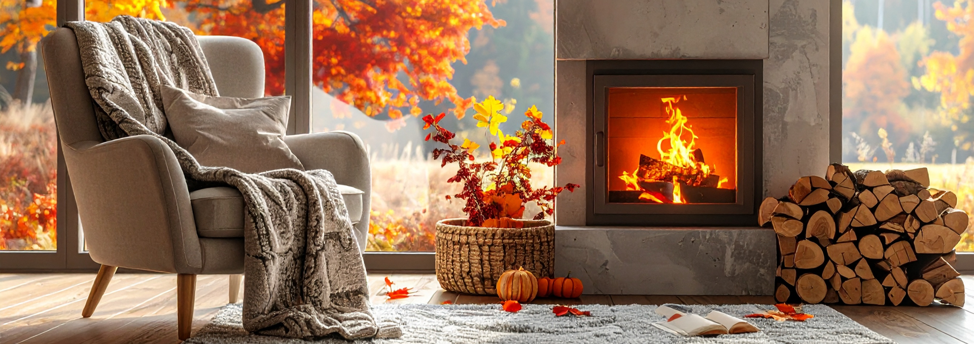 Gemütliches Wohnzimmer mit Kaminfeuer, Holzstapel und herbstlicher Dekoration – Blick durch große Fenster auf bunte Herbstbäume in warmen Orange- und Rottönen.